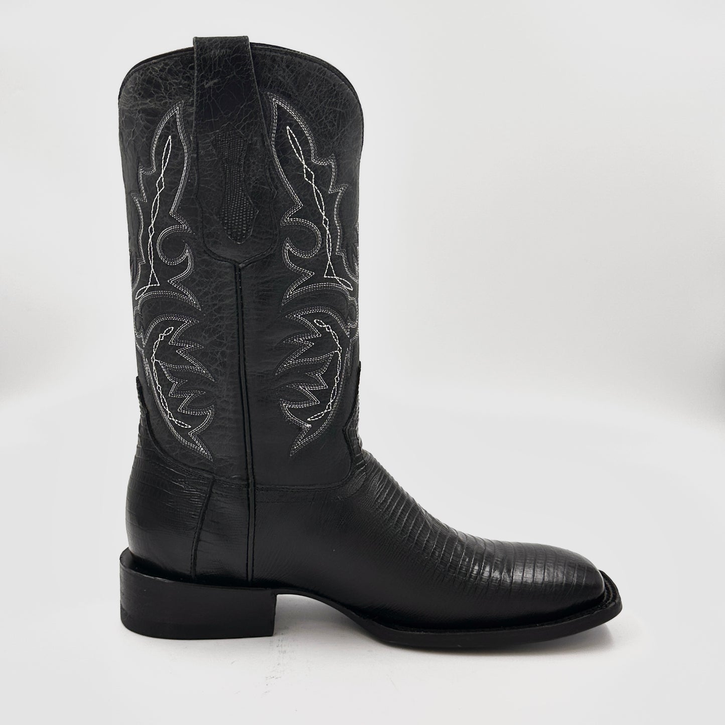 Bota Cuadrada Ancha Negra Imitación Lagarto